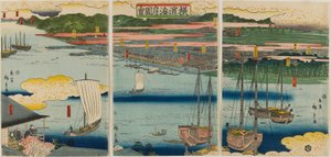Imagem da Costa de Yokohama, período de Edo, 1860 (impressão de woodblock de cor)